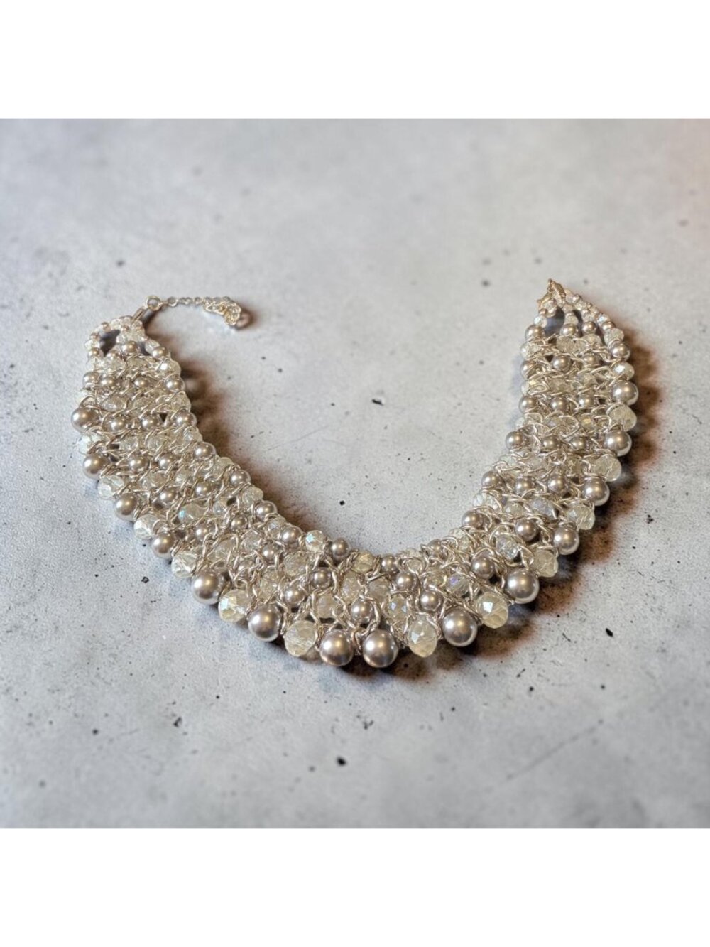 Chain Mail Bib Collar Necklace With Beads Silver-Tone Statement Jewelry